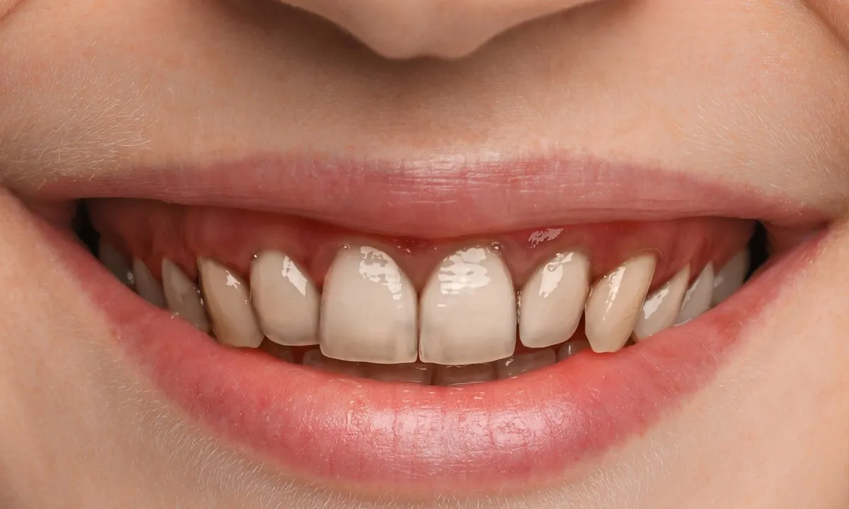Before: Smile with yellowed, stained front teeth before whitening